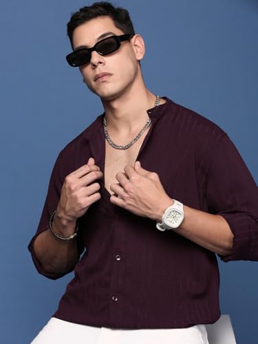 Image of SHOWOFFFF Men Solid Casual Shirt | Mandarin Collar Full Sleeves Cotton Shirt for Mens | Slim Fit Regular Length Shirt for Men's