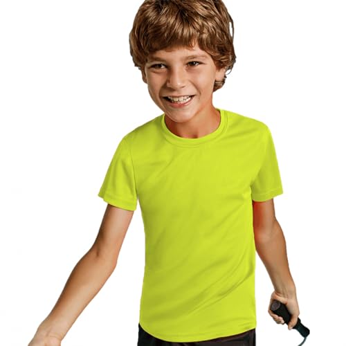 T-shirt de sport à manches courtes et col rond pour garçons et filles – T-shirt de sport en tissu Control Dry souple, léger et confortable, Fluo, 16 ans