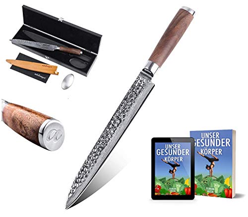 adelmayer® - Cuchillos fileteros damasco de 24,5cm con hoja de acero damasco japonés extremadamente afilado con mango de nogal y paño de gamuza