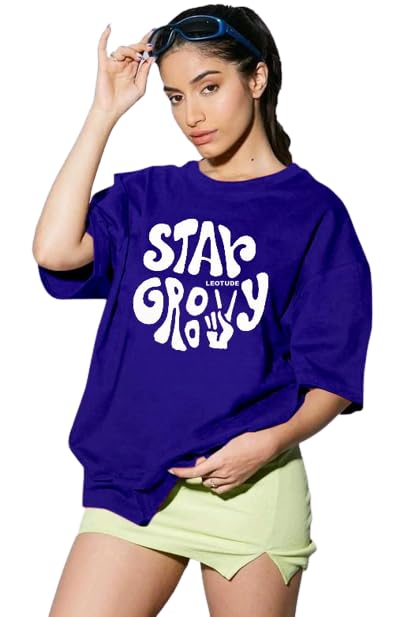 GenericWomen's Printed Oversized T-Shirt Trendy Short Sleeve Longline Tee with Drop Shoulder Casual Round Neck Fashionable Style