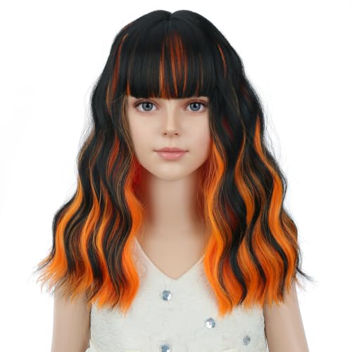 Image of PATTNIUM Black Mixed Orange Wig for Kids Girls Short Wavy Wigs with Bangs Black Shoulder Length Wavy Heat Resistant Synthetic Wig
