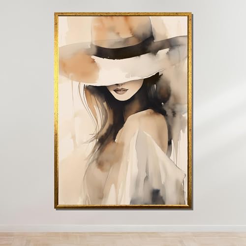 Toile aquarelle femme au chapeau décoration bohème moderne art mural