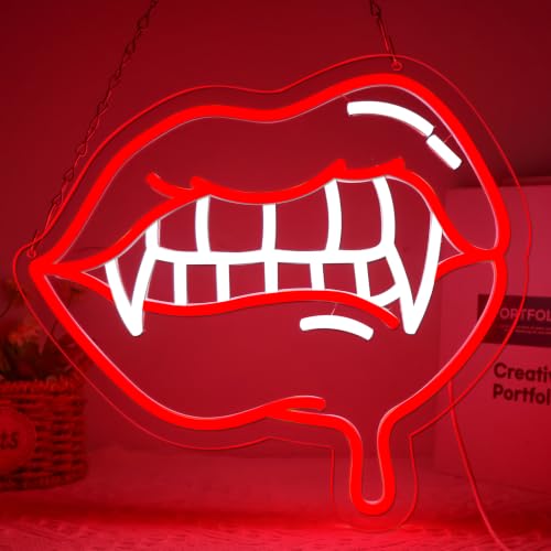 Image of AHlove Fangs Neon Sign for Wall Decor，LED Neon Lights for Game Room、Man Cave，Birthday、Christmas Gifts for Teen Boys and Girls