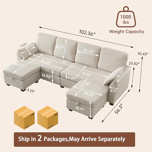 Image of Sectional Sofa with Dual Storage Ottomans, 4 Seat U Shaped Couches for Living Room: Soft Corduroy | Double Movable Chaise Ottoman | Modern Reversible Convertible Couch Set, Beige