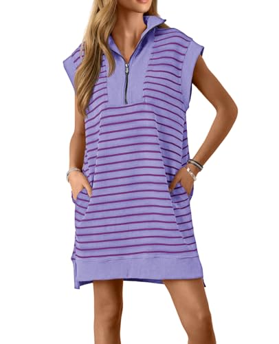 Image of Wenrine Womens Striped Mini Dress Casual Zipper Cap Sleeve Collared V Neck Loose Knit Summer Dresses