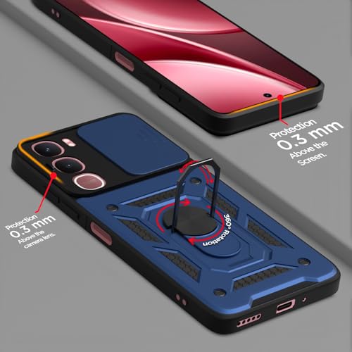 Image of Pikkme Back Cover for Vivo Y31 5G | 360 Protection Case | Sliding Camera Shield Cover & Ring Holder Stand D10 Tough Armor Bumper Case (Blue)