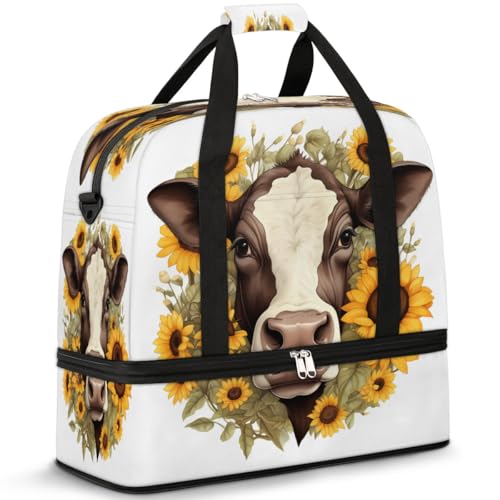 Travel Duffel Bags Sunflower Cow Foldable Weekender Bags for Women with Shoes Compartment Waterproof & Tear Resistant Carry on Overnight Luggage Duffel Bag Shoulder Sports Tote Bag,A-313
