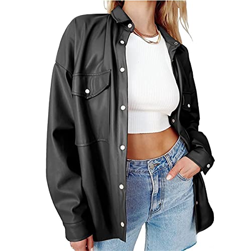 FeMereina Womens Button Front Faux PU Leather Jacket Shacket Casual Shirt Long Sleeve Blazer Coat with Bust Pocket (Black, XL)