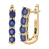 TJC Fissure Filled Blue Sapphire Hoop Earrings for Women with Fish Hook in 14ct Gold Plated 925 Sterling Silver Prongs Setting Gift for Wife September Birthstone Metal Wt. 2.6 Grams