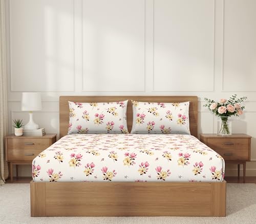 Image of Welspun ENZO King Size Fitted Bedsheet with 2 Pillow Covers | 360 Elastic | 100% Pure Cotton | 72 x 79 Inches | Soft, Breathable, Lightweight & Easy Care | Summer Melon