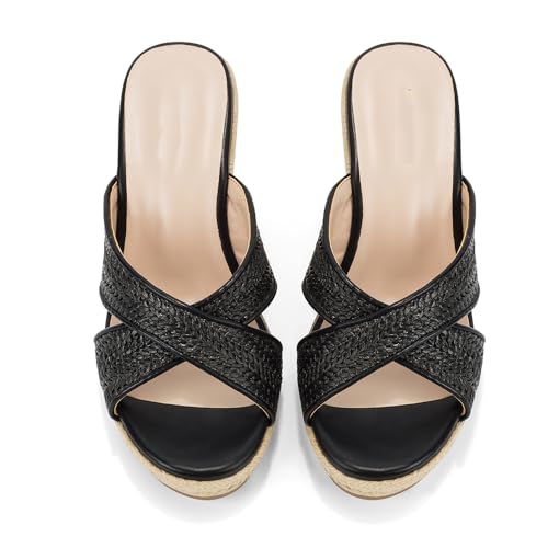Image of Women's Wedge Platform Sandals - Stylish Raffia Woven Espadrilles Summer Sandals Women's Open Toe Buckle Ankle Wedge Heels