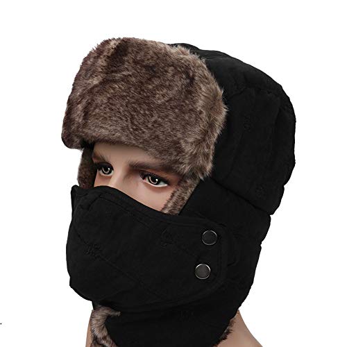 Chapeau aviateur homme noir coton épais bonnet d'hiver à oreillettes