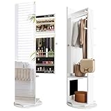 YITAHOME Jewelry Mirror Cabinet with Lights Full Length Mirror Jewelry Armoire LED Jewelry Organizer with 1 Coat Hanger, 4 Hooks, Standing Jewelry Armoires with Storage Shelves