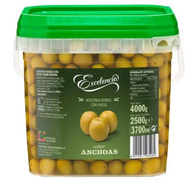 Excelencia - Aceitunas Verdes Con Hueso Sabor Anchoas - Ideal para Aperitivo y Picoteo - Cubo de 3,7 Kilogramos