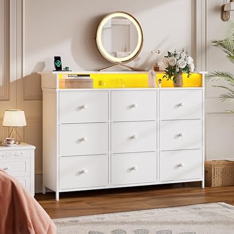 Nicehill Dresser for Bedroom with 9 Drawer,White Dresser with LED Light,TV Stand for Bedroom with Charging Station,Chests of Drawers for Living Room Hallway,Closet（White） Cover