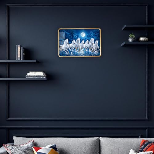 Image of Dharvika Innovations 7 Running Horses Photo Frame, Ultra High Gloss Lamination, Vastu Painting for Living Room, Office, 12x18 Inch (Design 20)