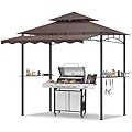 TITIMO 8'x 8' x 7.8' Double Tiered Grill Gazebo with Side Awning,Outdoor Patio BBQ Pergola, Heavy-Duty Metal Frame Canopy Tent with Side Shelves,Hooks,Bottle Opener for Lawn Deck and Garden (Brown)
