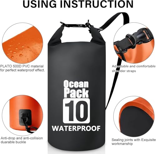 Image of Waterproof Ocean Dry Bag, Roll Top Floating Waterproof Sack for Beach, Swimming, Kayaking, Boating, Fishing, Camping, Hiking & Water Sports (10 Liter)