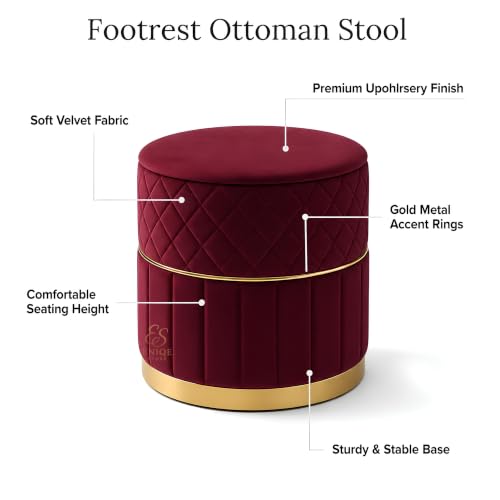 Image of Set of 2 Round Velvet Ottoman Footstool Gold Base - Tufted Upholstered Pouffe Stool for Living Room, Bedroom & Dressing Area (Maroon-2)