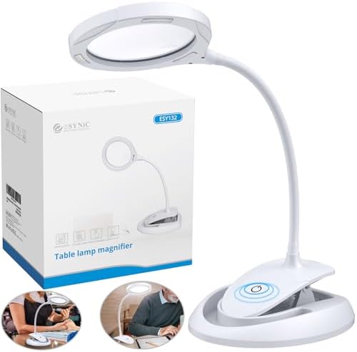 eSynic Magnifying Glass with 15 LED Lights-5X & 10X Magnification 4.4 Inch Large Clear Lense-USB-C Rechargeable & Flexible Hose Magnifier Lamp- 2-in-1 Clamp & Base Mount for Crafts [Acrylic Lense]