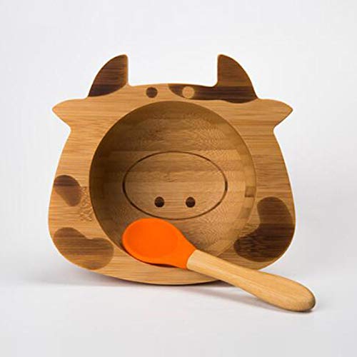 Pure Vie Piatto per Bambini e Neonati Ciotola per la Pappa Stay Put con Base a Ventosa in bambù Naturale con Ventosa per tenerlo Fermo - Senza BPA – Cow