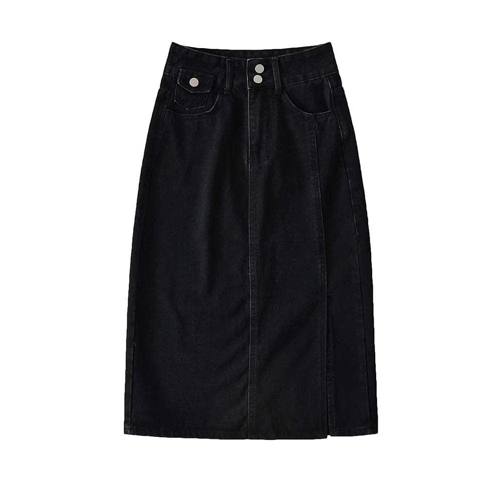Röcke Damen,Damen Midirock Schwarz High Waist Slit Pack Hip Denim Rock Mode Knopf Reißverschluss Mit Tasche A-Linie Lässig Knielang Lange Röcke Für Mädchen Damen,M
