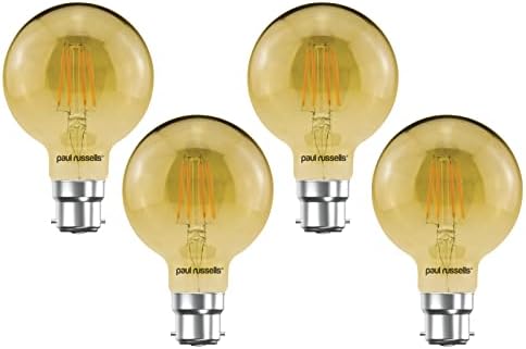 paul russells LED Filament G80 Light Bayonet Cap B22D, 35w Equivalent Replacement Antique Bulb, BC 4W 380LM LED 2200K Amber Bulbs, Decorative Ceiling Fittings Energy Saving Lightbulbs, Pack of 4