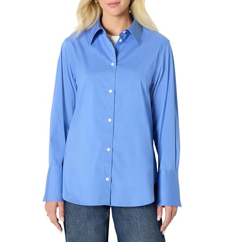 Amazon Essentials Women's Oversized-Fit Cotton Stretch Poplin Button-Down Dress Shirt, Blue, Large