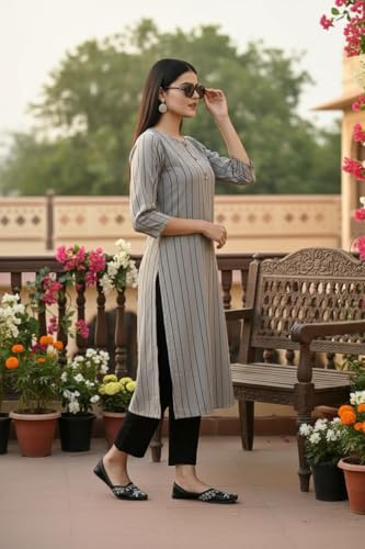 Image of Saanjh Women's Fit Straight Cotton Blend Long Kurta, 3 /4 Sleeve, Knee Length Kurtis, Casual and Office Wear