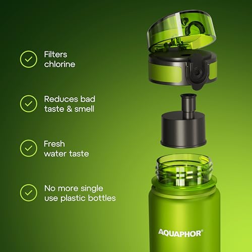 AQUAPHOR City Filtered Water Bottle in Tritan BPA-free - Portable with Integrated Water Purifying Filter 500 ml - Green