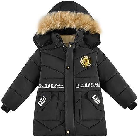 Linboo Manteau Enfant Garçon Doudoune Polaire Chaud - Veste Hiver Capuche Amovible Fourrure, Noir 9-10 Ans