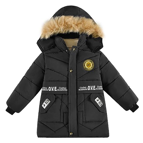 linboo - linboo Manteau Enfant Garçon Doudoune Doublure Polaire Chaud Veste d'Hiver à Amovible Capuche Fourrure Mode Blouson Matelassé, Noir, 7-8 ans - -30%