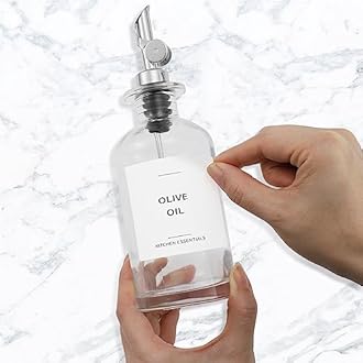 Spaceneat Olive Oil Dispenser Bottle - Includes 55 Kitchen Essential Labels - Cooking Oil Bottles for Kitchen, Coffee Syrup Dispenser - Pourer Spout with 11.8 fl oz Glass Container Cruet - 2pcs Silver