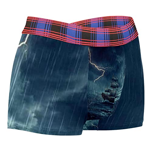 Boxer respirant pour homme - Sous-vêtement personnalisé - Vagues de tempête et de pluie - Bateau vintage - Peinture à l'huile, multicolore, Medium-Large