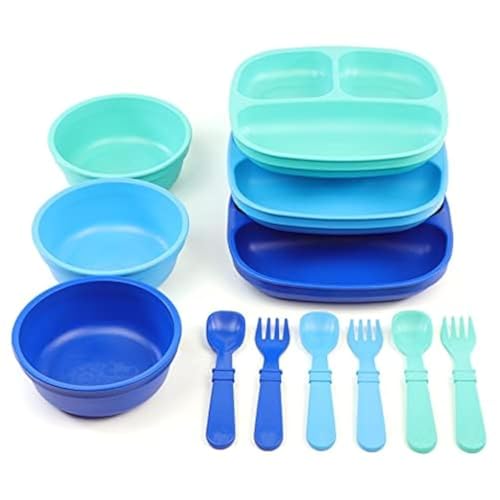 Re-Play 3x3 Divided Toddler Plates and Utensils Set - Toddler Forks and Spoons Set - Dishwasher and Microwave Safe - Made in USA - True Blue