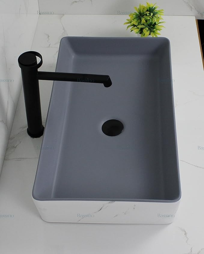 Image of BASSINO 24x14x5 Inches Ceramic Counter Top Wash Basin /1 Year Warranty /White & Grey Basin for Bathroom /Rectangular Shape Tabletop Washbasin for Restaurant /Dining Hall /Living Room /Home(Glossy)
