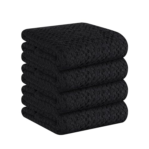 Native Fab Set of 4 Premium Waffle Dish Towels 16x26 inches - Soft Absorbent - 100% Cotton Kitchen Towels for Quick Drying Dishes, Reusable Cleaning Cloths, Black