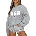 Wedsadl Usa Sweatshirt Women Oversized American Flag Sweater Graphic Hoodies Cotton Pullover Long Sleeve Letter Print Shirt(Light gray,M)