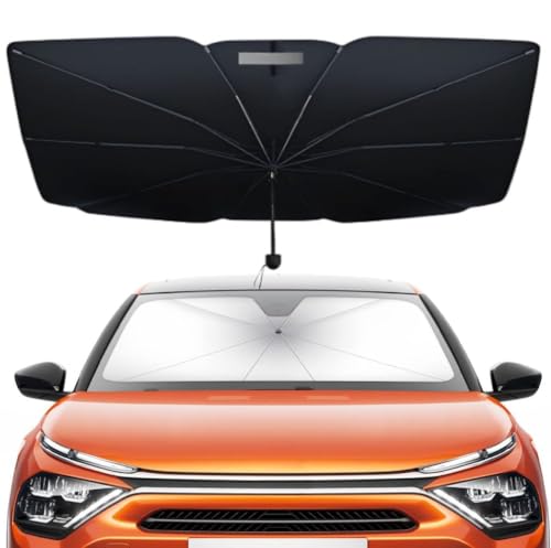 Regenschirm Sonnenschutz für Autoscheibe 140×80 cm mit Zugring Reflektierende Beschichtung, Schützt vor Hitze Einfache Anwendung - Titanium Silver