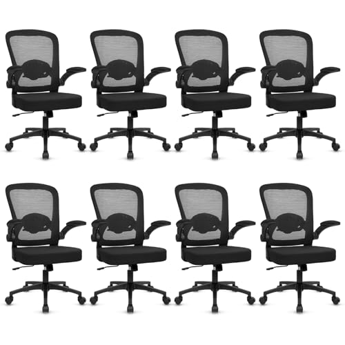 Image of KLASIKA Desk Chairs with Wheels, Ergonomic Mesh Back Home Office Chair Adjustable Lumbar Support and Height Swivel Rolling Computer Task Chairs with Flip Up Armrests for Conference Meeting, Black, 8PK