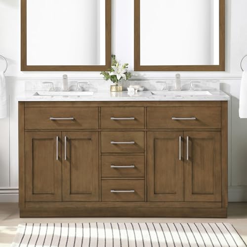 OVE Decors Athea 60' Double Undermount Sink Bathroom Vanity with Cultured Marble Countertop, Backsplash, Power Bar, in Almond Latte Finish