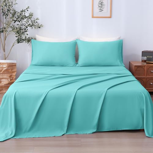 LONAVA Full Sheet Set 4 Pieces Light Teal Ultra Soft & Breathable Microbifer Sheets 1600 Thread Count Hotel Luxury Oeko-Tex Bed Sheets 14-16 Inch Deep Pocket Durable Wrinkle Free Sheets