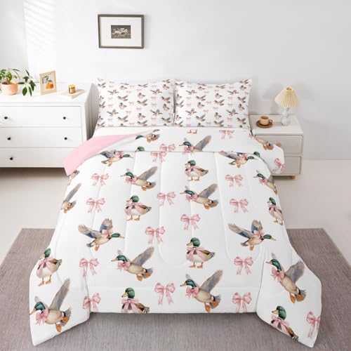 Image of Feelyou Bow Mallard Duck Pink Bedding Set Full Size,Hunting Duck Bowknot Girly Comforter Set for Kids Teens Room Decor Farmhouse Rustic Quilt