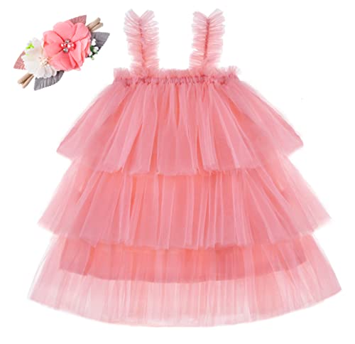 Tutu Dreams Flower Girl Tutu Dress 3 Layer Tulle Ruffles Baby Toddler Girls Princess Dresses With Flower Headband (9-12 Months, Peach) #TOP4
