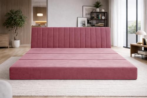 Image of Three-Seater Floor Sofa Bed with Adjustable Backrest, Modern Velvet Fabric Folding Couch for Living Room, Guest Room & Small Spaces-Rose Pink