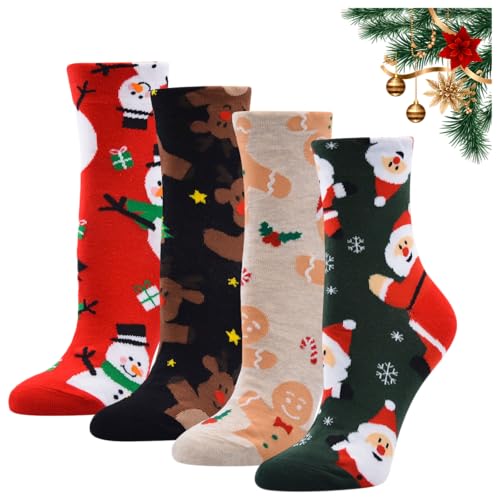 Scinzene 4 paia di calzini natalizi unisex, calze natalizie da donna e uomo, calzini di Natale, calze natalizie multicolori, cartone animato, Natale, unisex - Adulto, 4 unità, Taglia unica