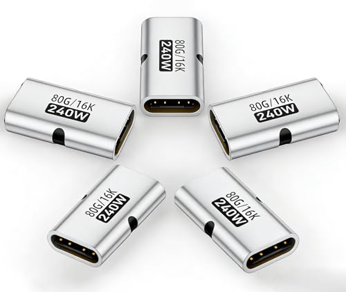 basecolors 5 Pack USB C Coupler USB C Female to Female Adapter with 80Gbps Data Transfer 240W Fast Charging Compatible with Thunderbolt 4/3 16K/8K Video Support Silver