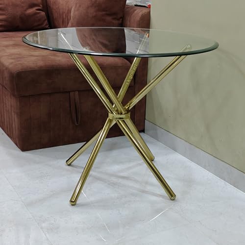 Image of Folding Dining Table for Office, Home, Cafe - 36-inch Round 12 MM Thick Toughened Glass Top with Stainless Steel Frame (Golden Finish)