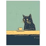 Heltrappe Black Cat Drinking Coffee Poster Vintage Cute Animal Wall Art Trendy Minimalist Abstract Painting Cat Lovers Club Canvas Prints for Cafe Restaurant Wall Decor 12x16 inch Unframed