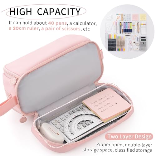Image of CICIMELON Large Capacity Pen Pencil Case with 4 Compartments, Multi-Slot Pencil Pouch Bag Aesthetic School Supplies Organizer for Teen Girls, Women, Adults (Pink)